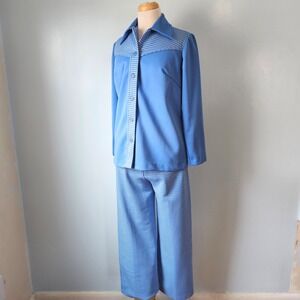 Vtg 70s Sears Womens Blue Polyester Plaid Pant Set 2 Piece Leisure Suit‎ Retro